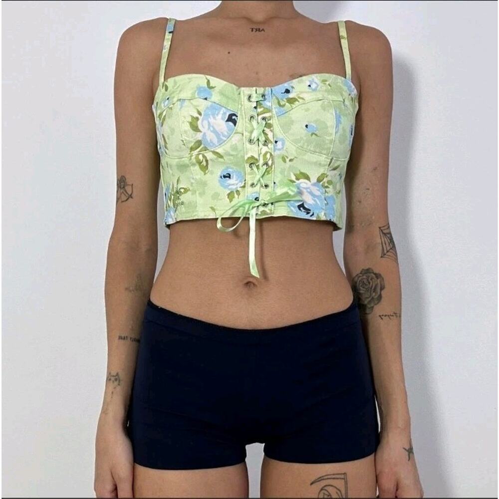 Stradivarius × Bridgerton Green Floral Lave Up Y2K Fairy Corset Crop Tank Size S